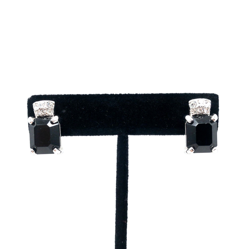 Swarovski Black Clear Crystal Octagon Drop Earrings 14K Gold Posts Signed